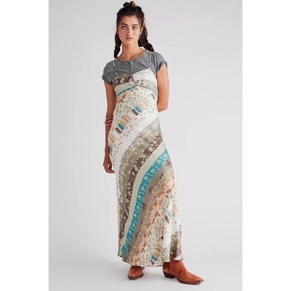 NWT Free People Dress Fiona Patchwork Maxi in Green Beige Print - Picture 2 of 11
